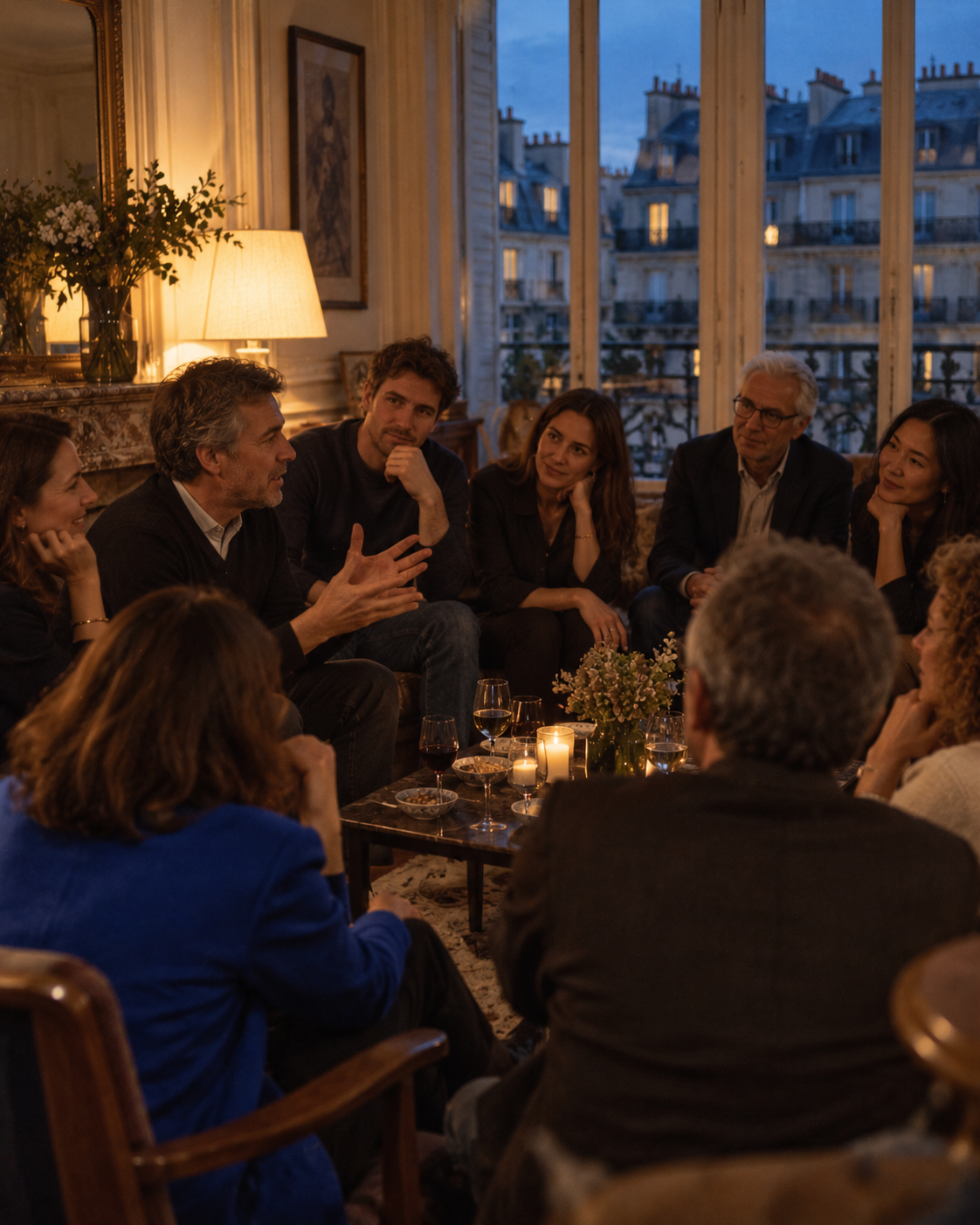 A small group listening to one person speaking in a Paris apartment at dusk
